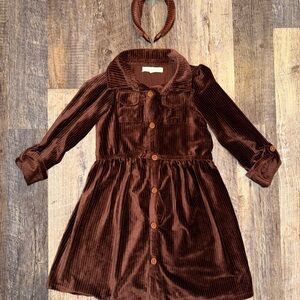 Brown Corduroy Kids Dress with Headband